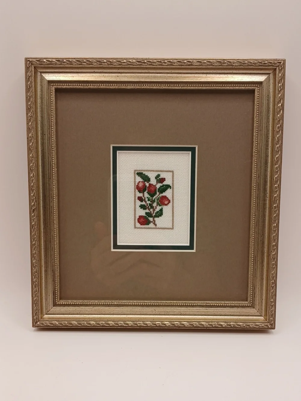 Framed Matted Floral Botanical Fruit Needlepoint Embroidery Wall Art